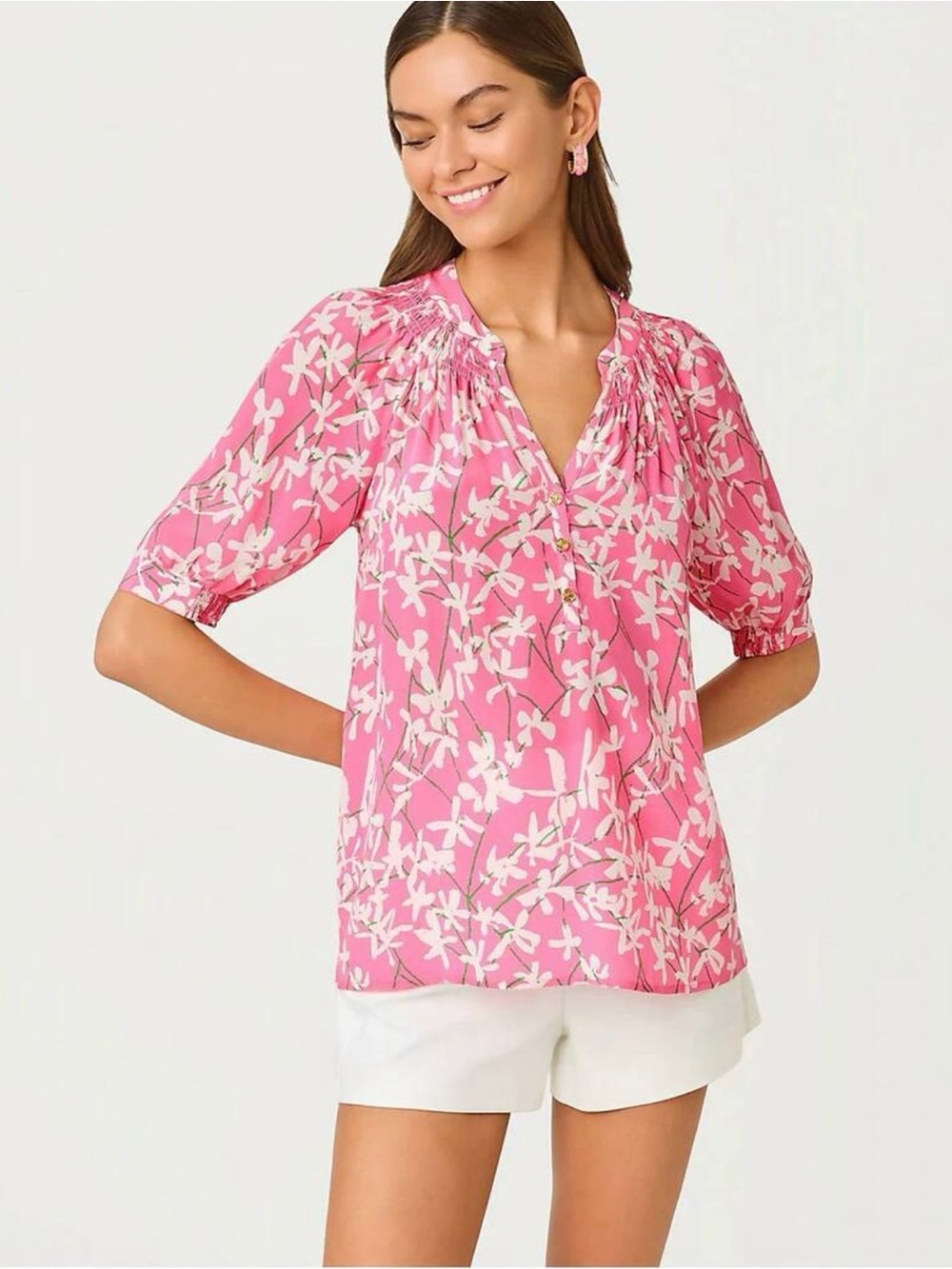 NEW Lilly Pulitzer Elsa Short Sleeve Top Confetti Pink 100% Silk Small MSRP $178
